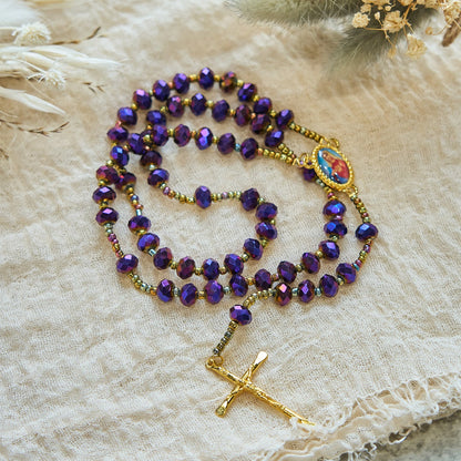 AMUSOUL Our Lady Medal & Crucifix of 8mm Purple Glass & Crystal Beads Rosary