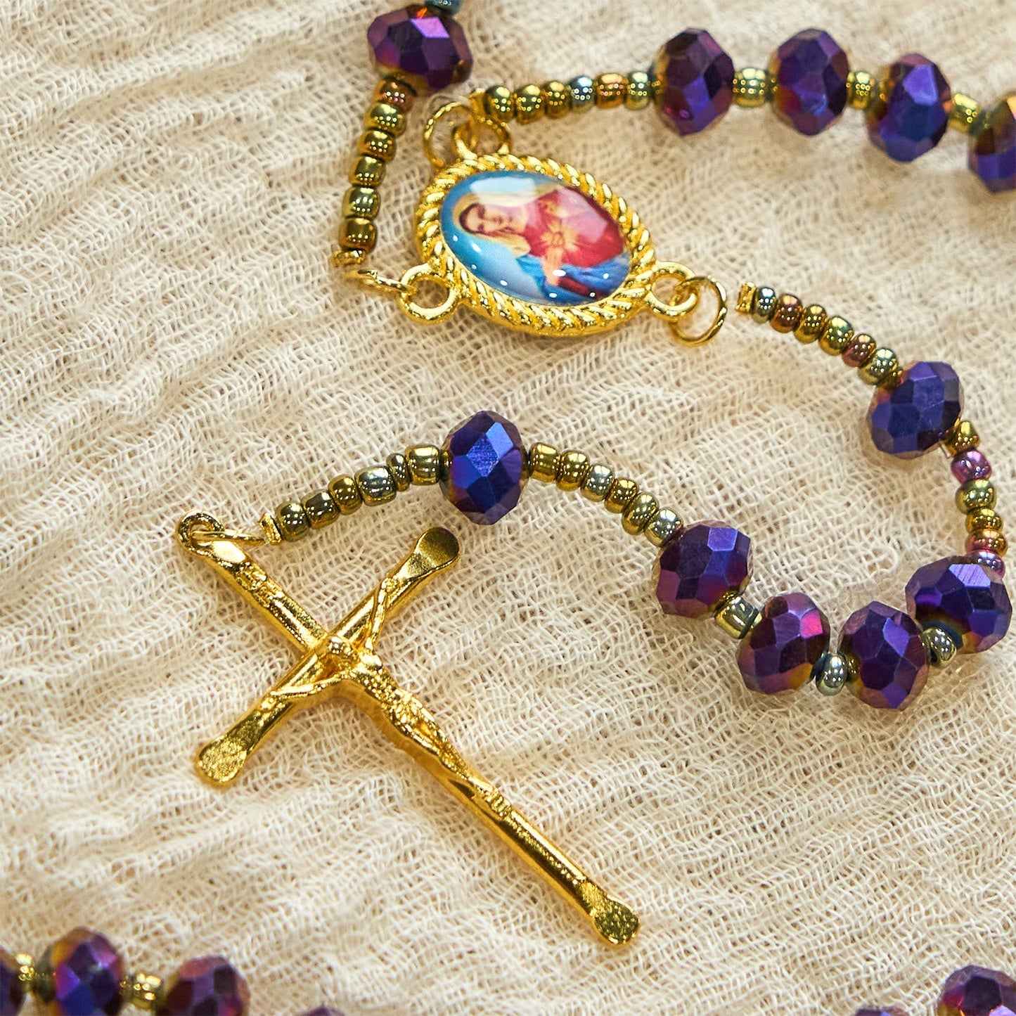 AMUSOUL Our Lady Medal & Crucifix of 8mm Purple Glass & Crystal Beads Rosary
