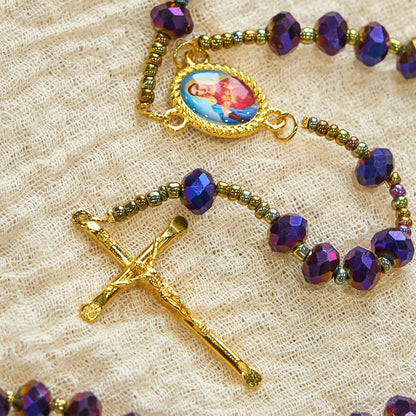 AMUSOUL Our Lady Medal & Crucifix of 8mm Purple Glass & Crystal Beads Rosary