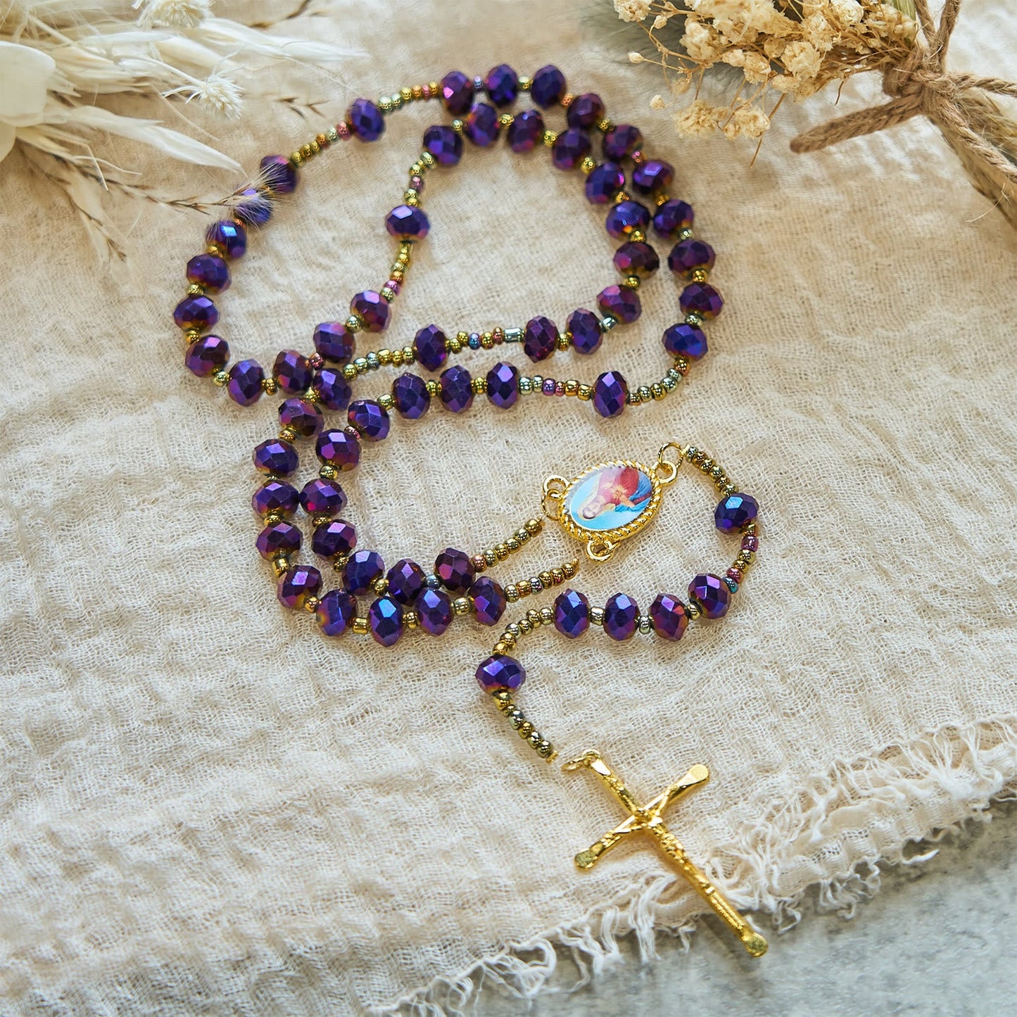 AMUSOUL Our Lady Medal & Crucifix of 8mm Purple Glass & Crystal Beads Rosary