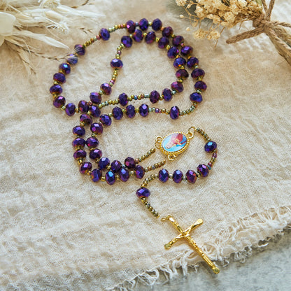 AMUSOUL Our Lady Medal & Crucifix of 8mm Purple Glass & Crystal Beads Rosary