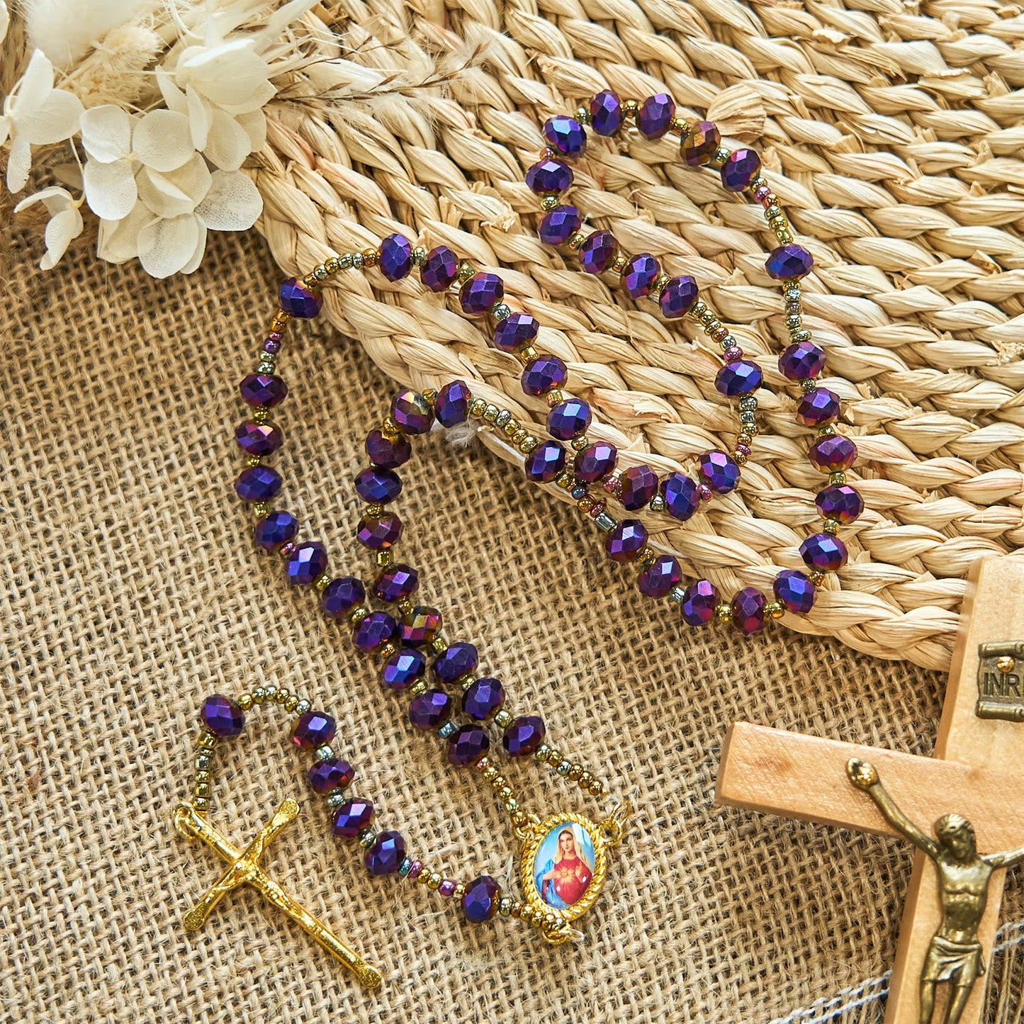 AMUSOUL Our Lady Medal & Crucifix of 8mm Purple Glass & Crystal Beads Rosary