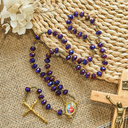 AMUSOUL Our Lady Medal & Crucifix of 8mm Purple Glass & Crystal Beads Rosary
