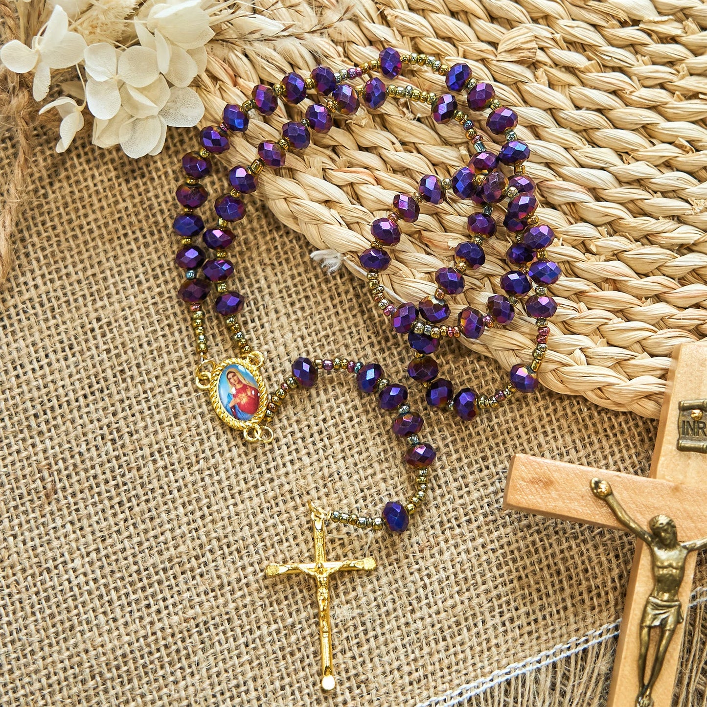 AMUSOUL Our Lady Medal & Crucifix of 8mm Purple Glass & Crystal Beads Rosary