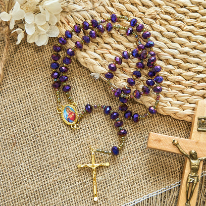 AMUSOUL Our Lady Medal & Crucifix of 8mm Purple Glass & Crystal Beads Rosary