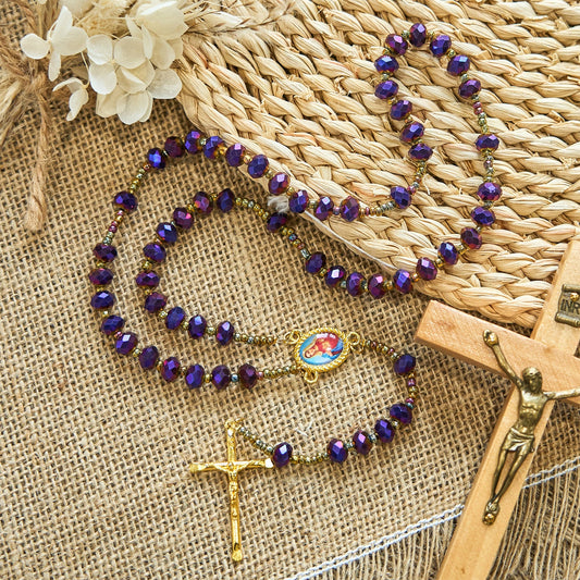AMUSOUL Our Lady Medal & Crucifix of 8mm Purple Glass & Crystal Beads Rosary