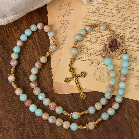 AMUSOUL  Aqua Stone Prayer Rosary with Gold Accents: A Divine Source of Peace and Devotion