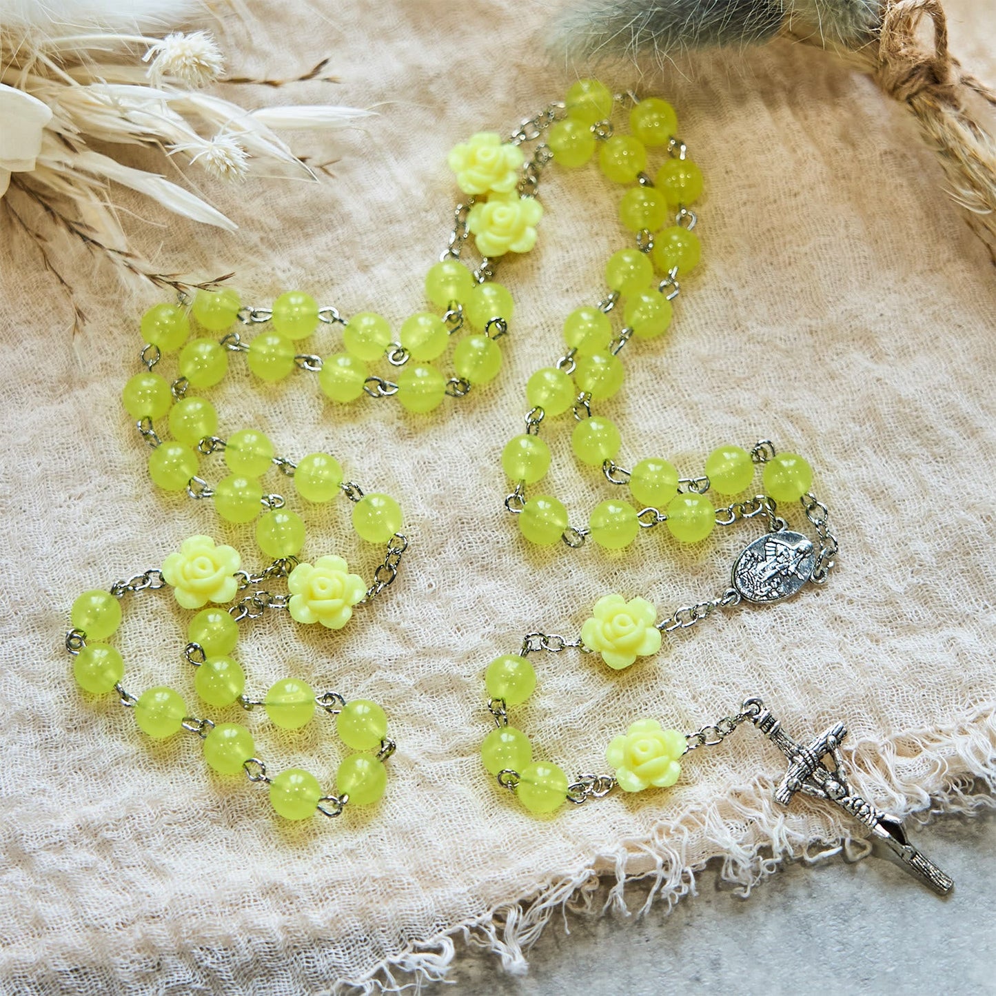 AMUSOUL  8mm Luminous Glow-in-Dark Beads Flower Rosary: A Divine Light