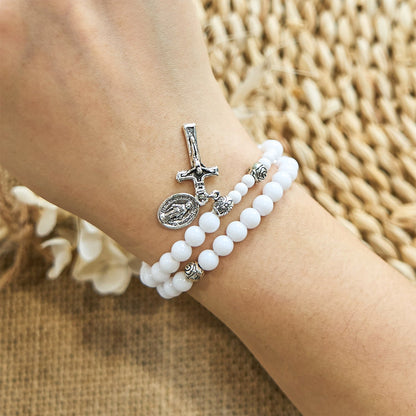 AMUSOUL  6mm White Bead Miraculous Medal & Crucifix Rosary Bracelet: A Symbol of Faith