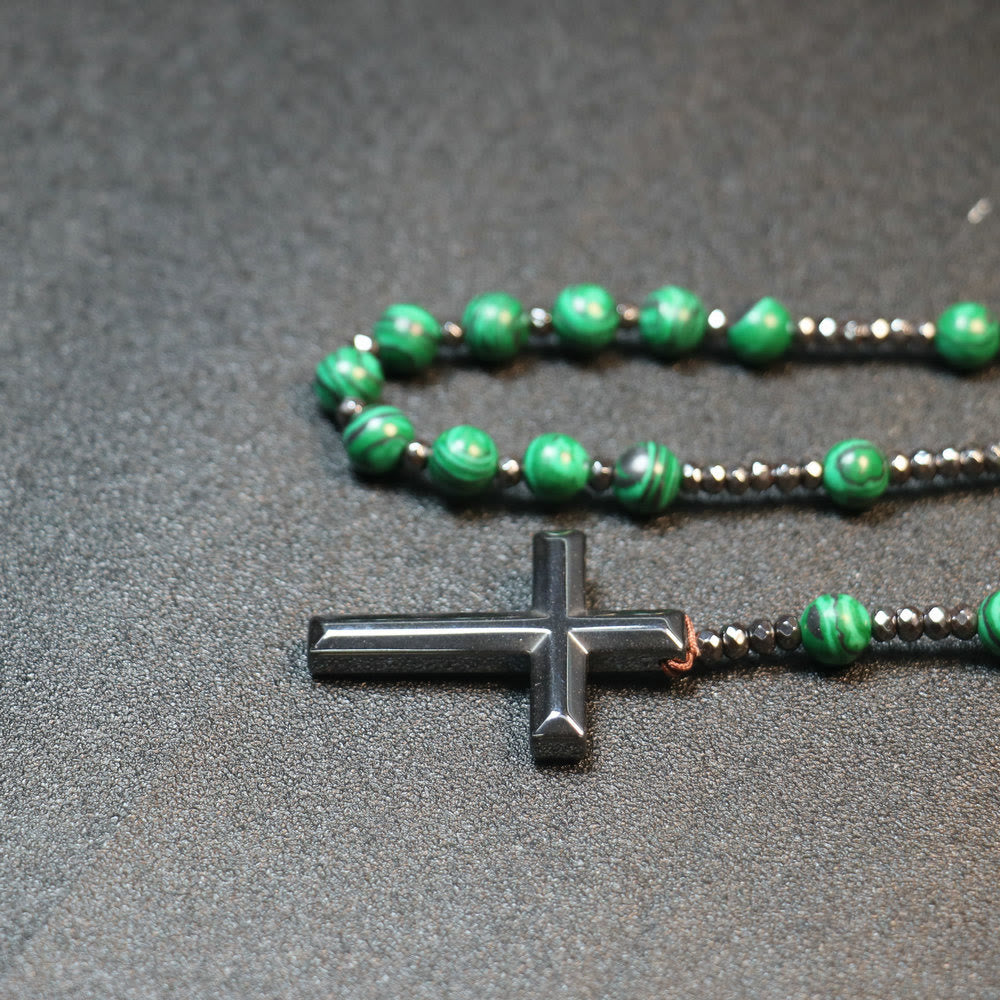 AMUSOUL 8mm Malachite Beads Iron Gallstone Cross Rosary