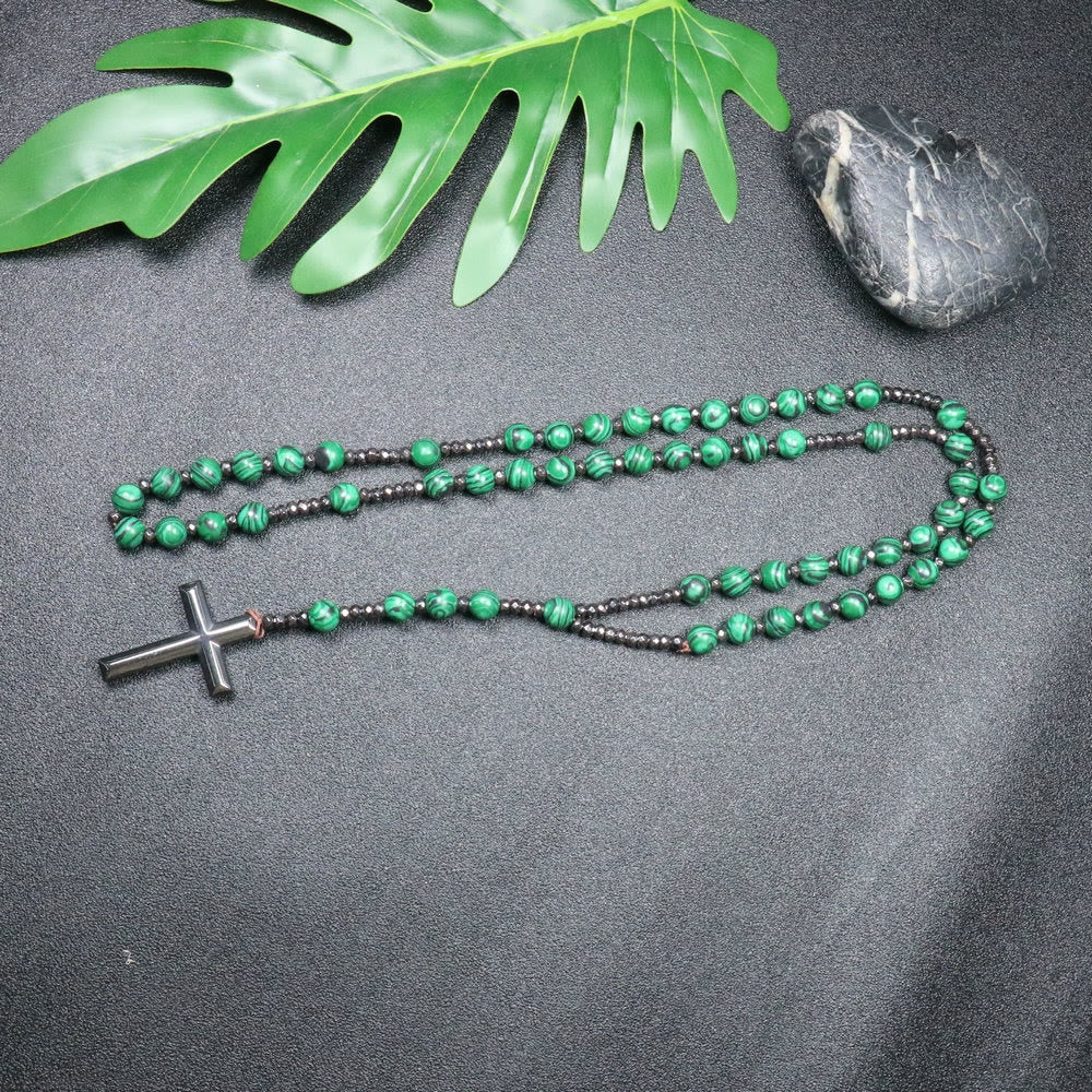 AMUSOUL 8mm Malachite Beads Iron Gallstone Cross Rosary