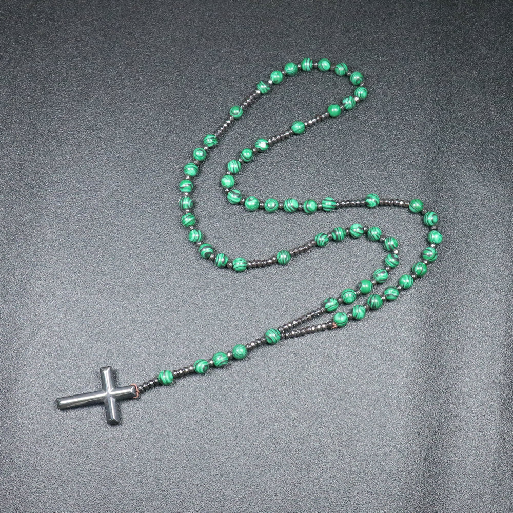 AMUSOUL 8mm Malachite Beads Iron Gallstone Cross Rosary