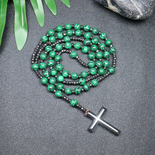AMUSOUL 8mm Malachite Beads Iron Gallstone Cross Rosary