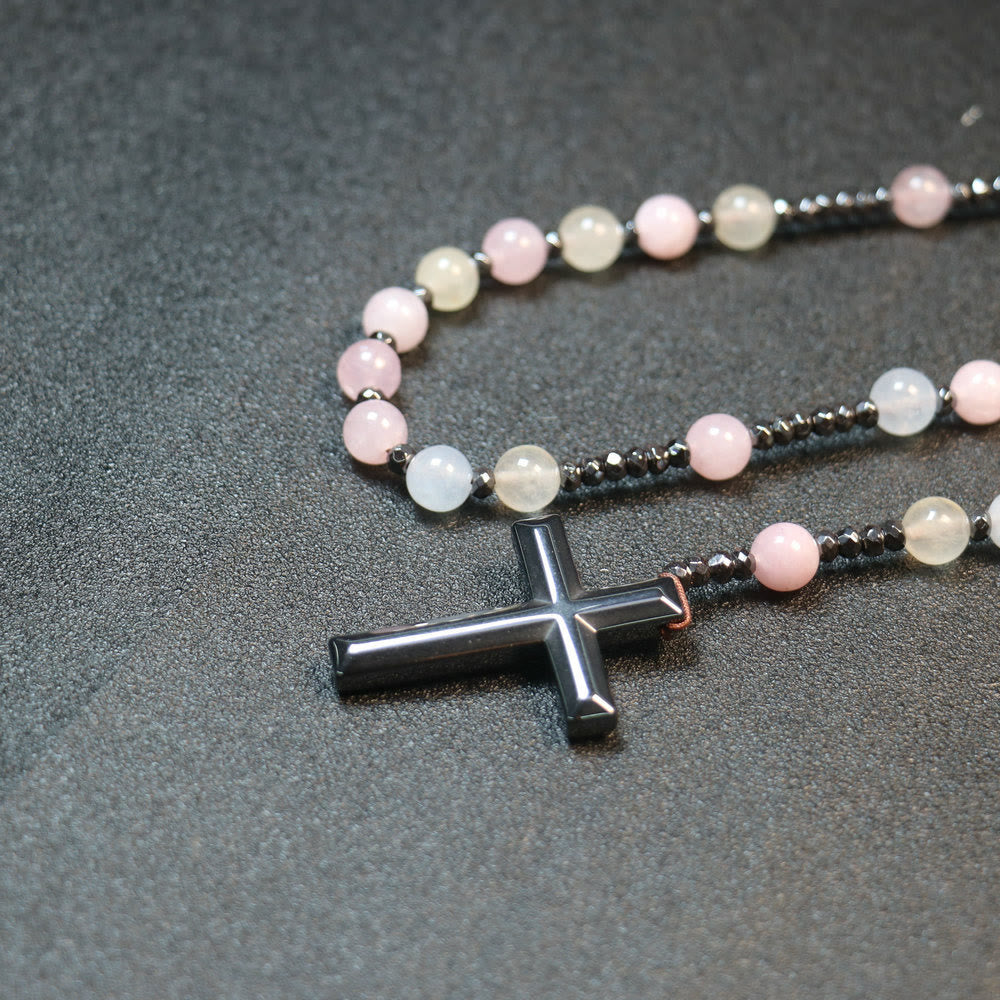 AMUSOUL 8mm Morganite Beads Iron Gallstone Cross Rosary