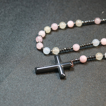 AMUSOUL 8mm Morganite Beads Iron Gallstone Cross Rosary