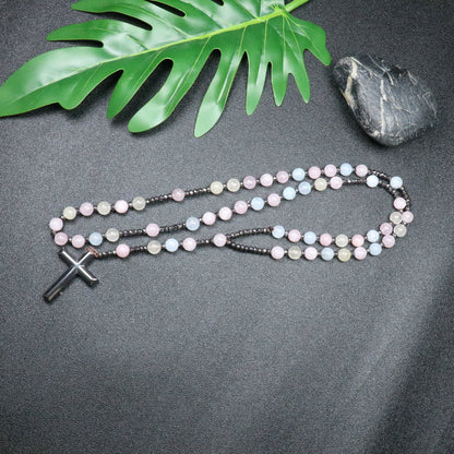 AMUSOUL 8mm Morganite Beads Iron Gallstone Cross Rosary