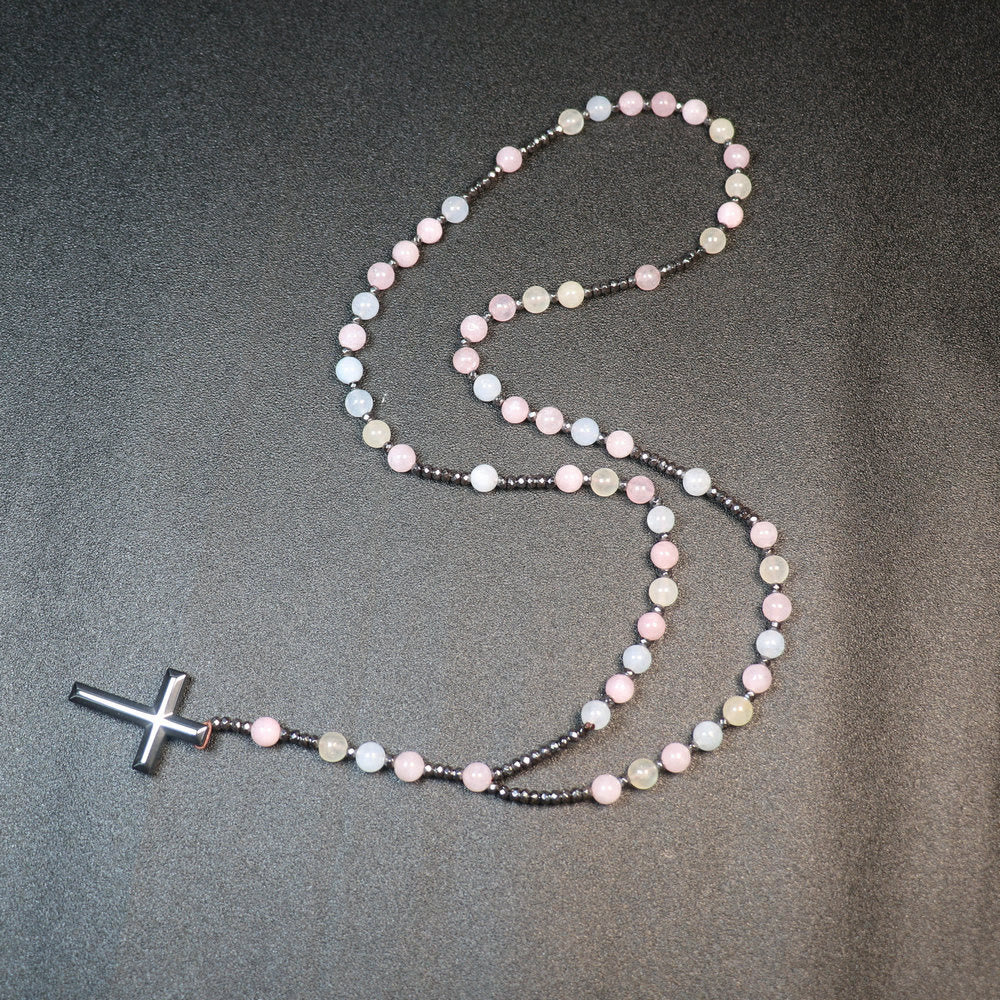 AMUSOUL 8mm Morganite Beads Iron Gallstone Cross Rosary