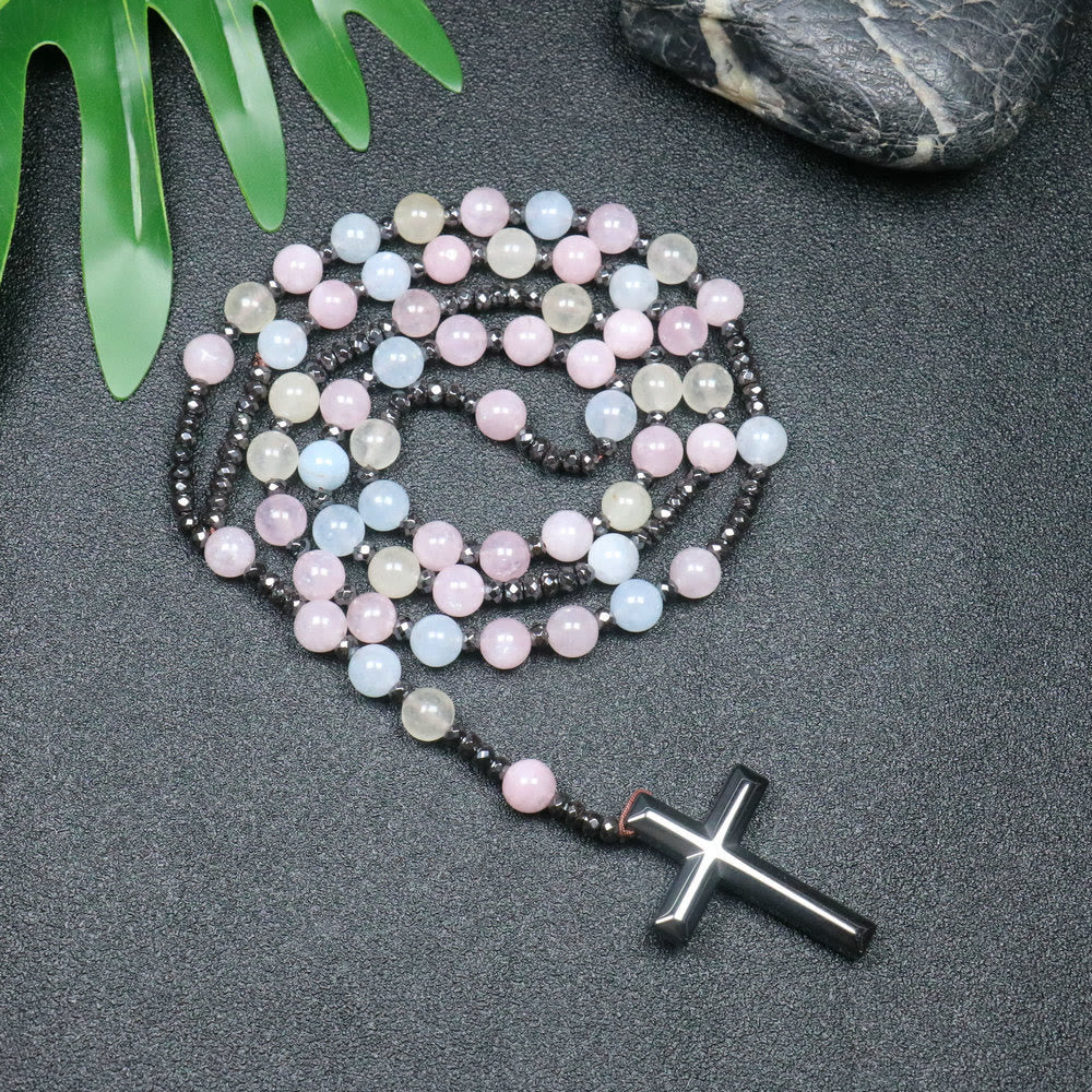 AMUSOUL 8mm Morganite Beads Iron Gallstone Cross Rosary