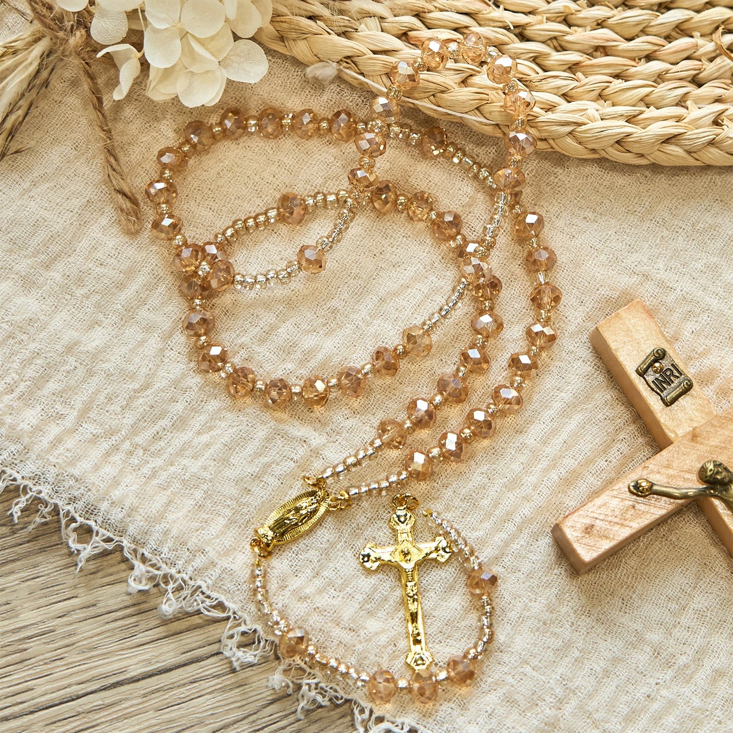 AMUSOUL Champagne Crystal Our Lady of Guadalupe Rosary: A Divine Sparkle