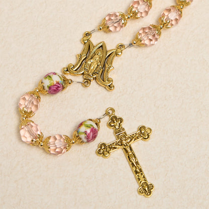 AMUSOUL Pink Crystal Beads with Golden Alloy Chain Crucifix & Virgin Mary Prayer Rosary