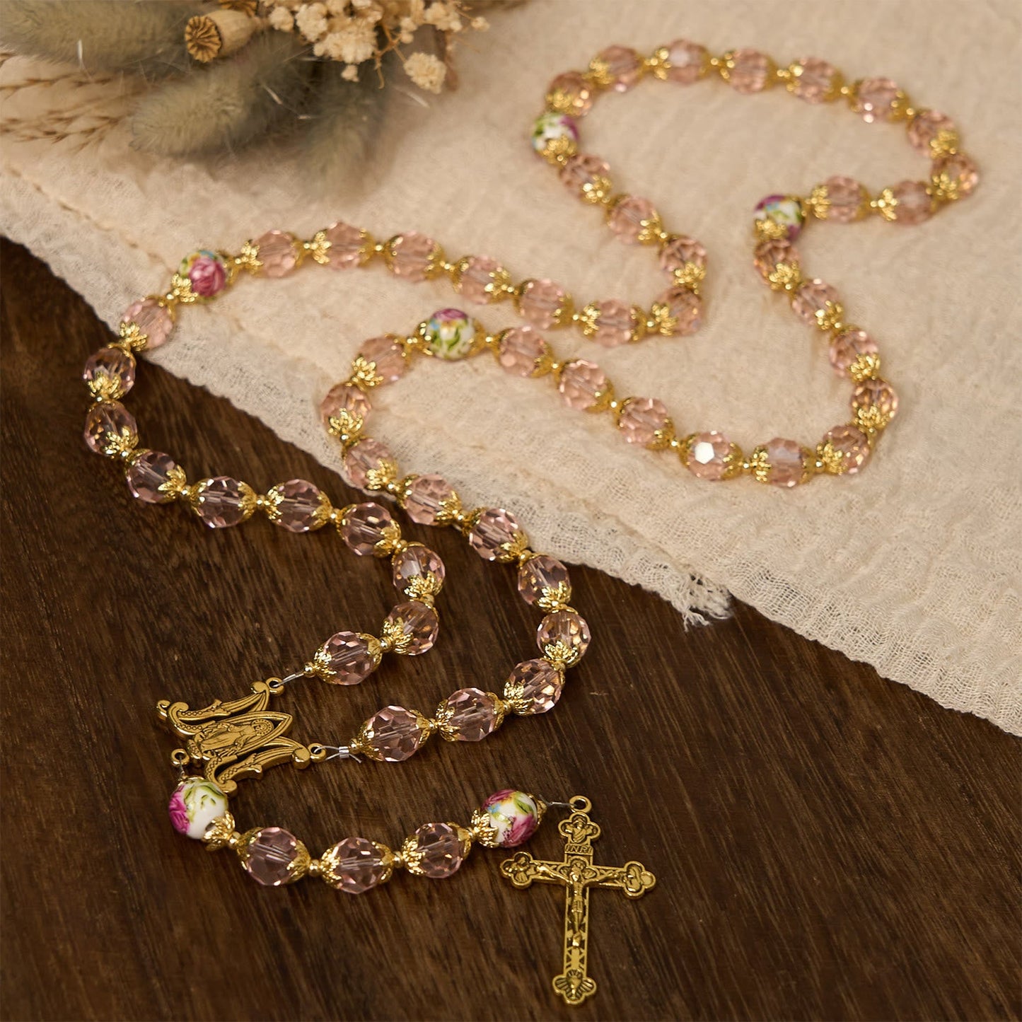 AMUSOUL Pink Crystal Beads with Golden Alloy Chain Crucifix & Virgin Mary Prayer Rosary