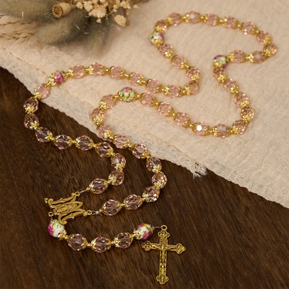 AMUSOUL Pink Crystal Beads with Golden Alloy Chain Crucifix & Virgin Mary Prayer Rosary