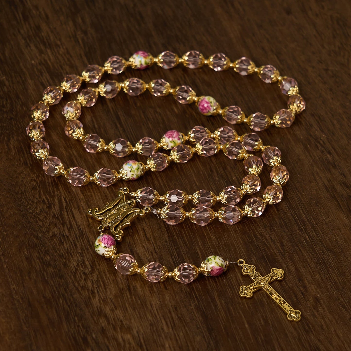 AMUSOUL Pink Crystal Beads with Golden Alloy Chain Crucifix & Virgin Mary Prayer Rosary