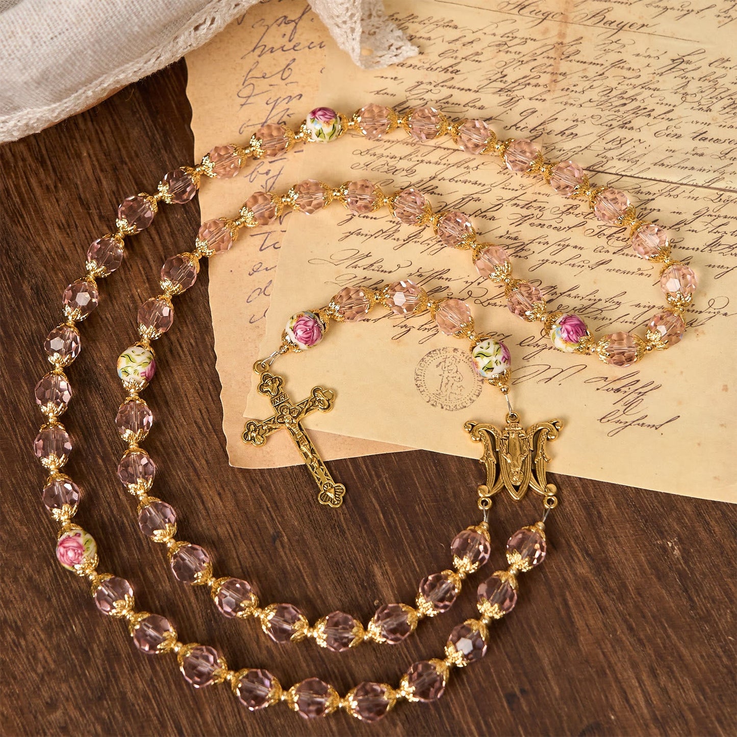AMUSOUL Pink Crystal Beads with Golden Alloy Chain Crucifix & Virgin Mary Prayer Rosary