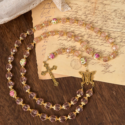 AMUSOUL Pink Crystal Beads with Golden Alloy Chain Crucifix & Virgin Mary Prayer Rosary