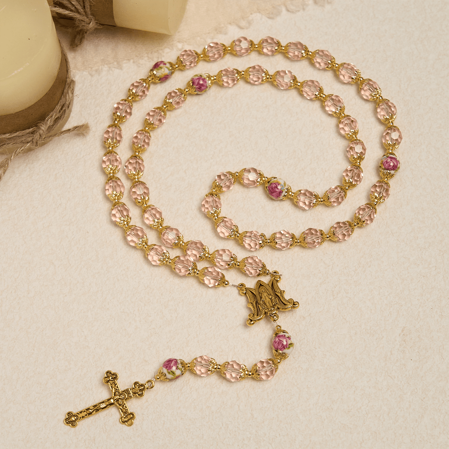 AMUSOUL Pink Crystal Beads with Golden Alloy Chain Crucifix & Virgin Mary Prayer Rosary