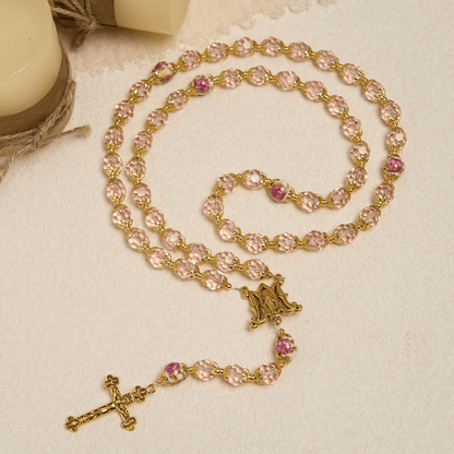 AMUSOUL Pink Crystal Beads with Golden Alloy Chain Crucifix & Virgin Mary Prayer Rosary