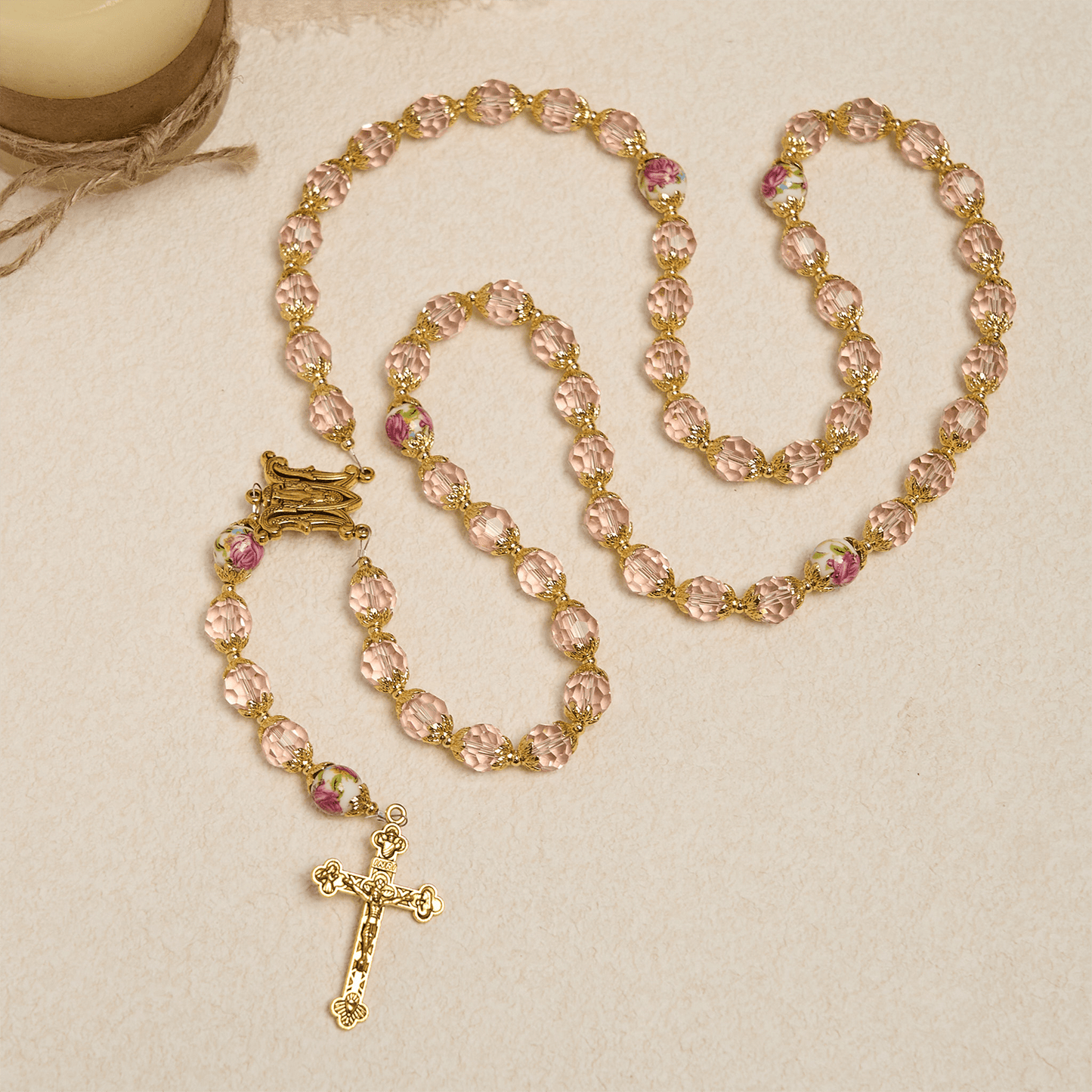 AMUSOUL Pink Crystal Beads with Golden Alloy Chain Crucifix & Virgin Mary Prayer Rosary