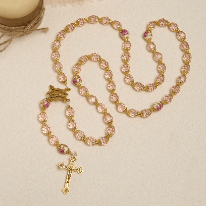 AMUSOUL Pink Crystal Beads with Golden Alloy Chain Crucifix & Virgin Mary Prayer Rosary
