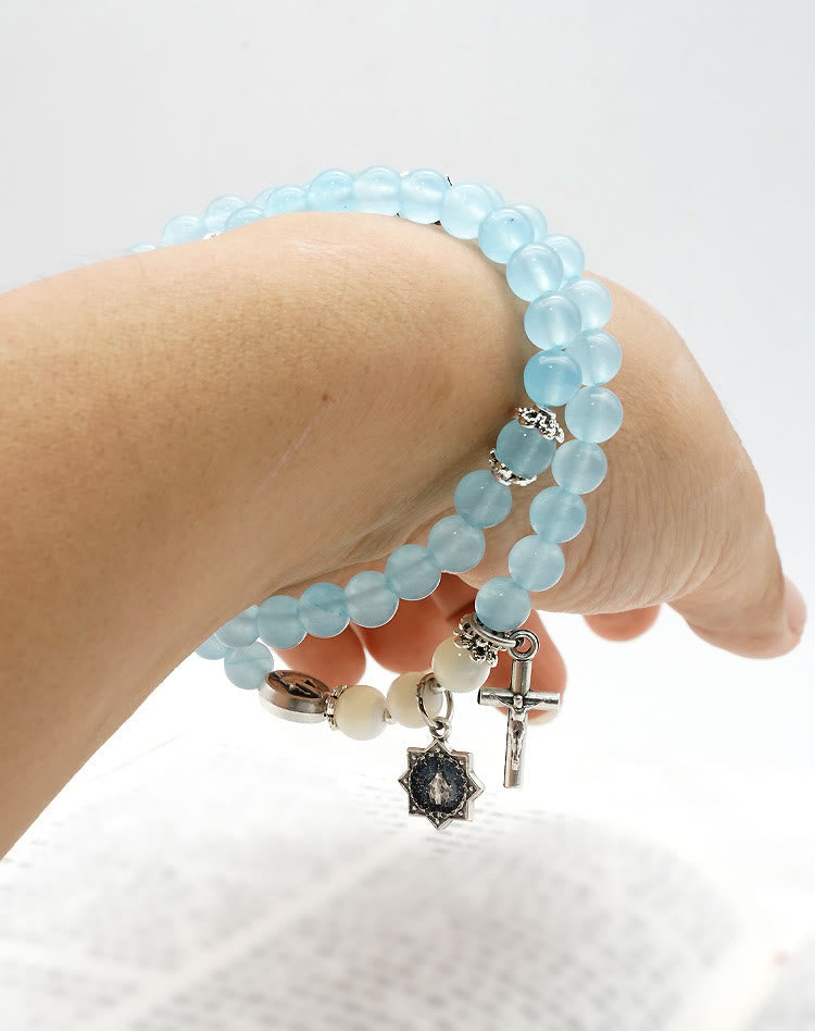 AMUSOUL  6mm Light Blue Bead Miraculous Medal & Crucifix Minimalist Bracelet: A Symbol of Faith