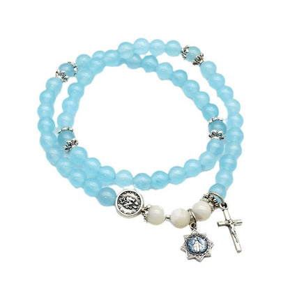 AMUSOUL  6mm Light Blue Bead Miraculous Medal & Crucifix Minimalist Bracelet: A Symbol of Faith