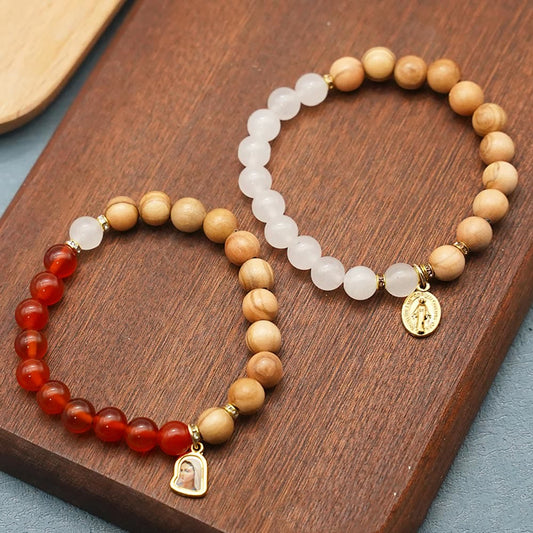 AMUSOUL  Red Agate & White Chalcedony Beads With Our Lady Pendant Bracelets: A Token of Devotion