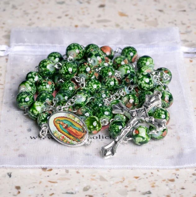 AMUSOUL Our Lady Medal & Crucifix of 8mm Green Glass Beads Rosary—Blessed Symbol of Faith