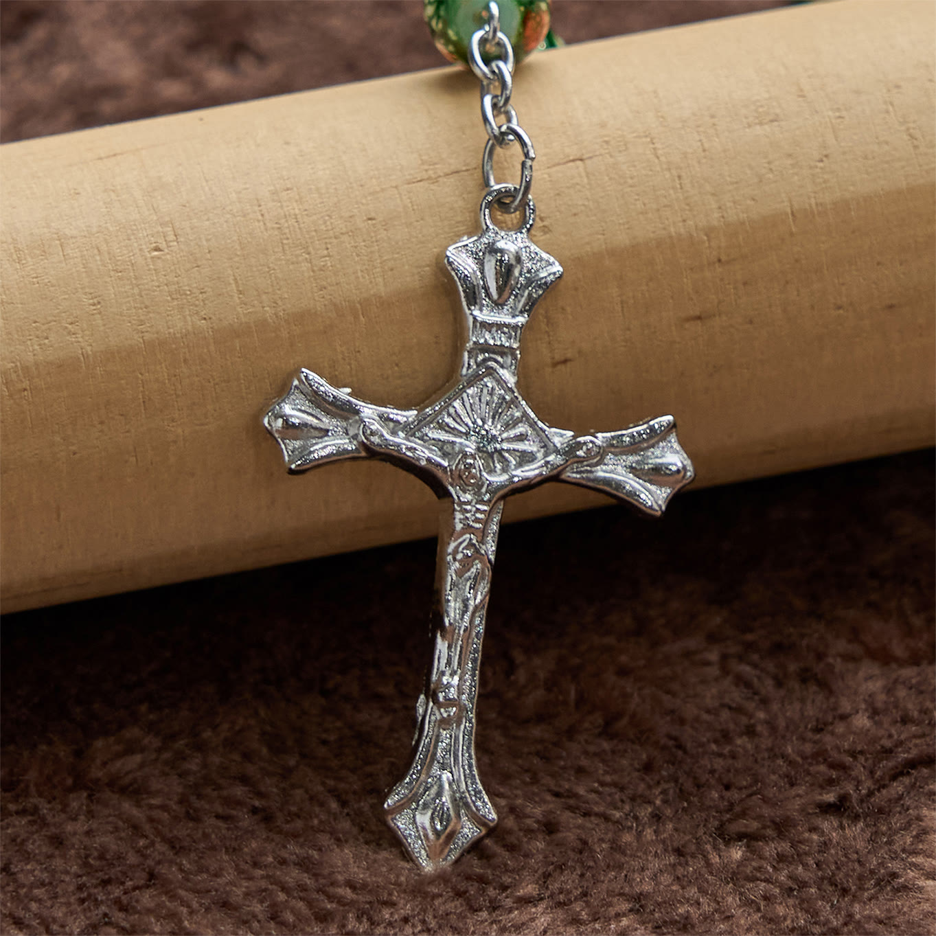 AMUSOUL Our Lady Medal & Crucifix of 8mm Green Glass Beads Rosary—Blessed Symbol of Faith