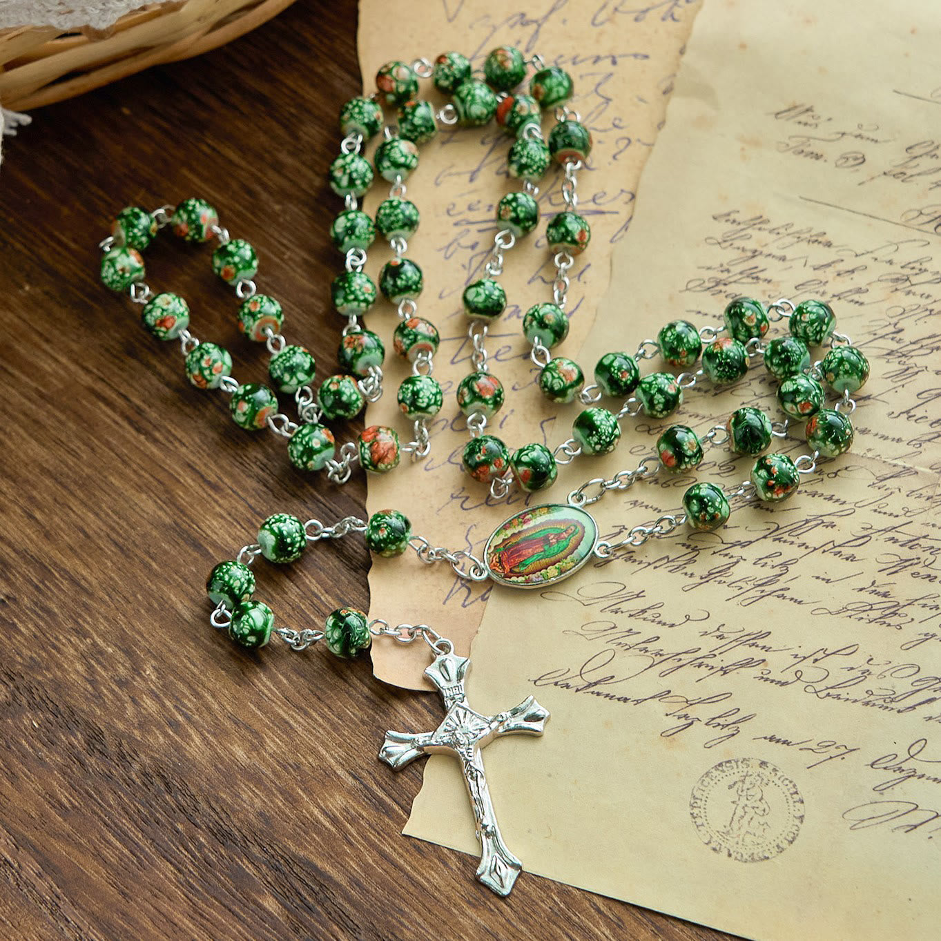 AMUSOUL Our Lady Medal & Crucifix of 8mm Green Glass Beads Rosary—Blessed Symbol of Faith
