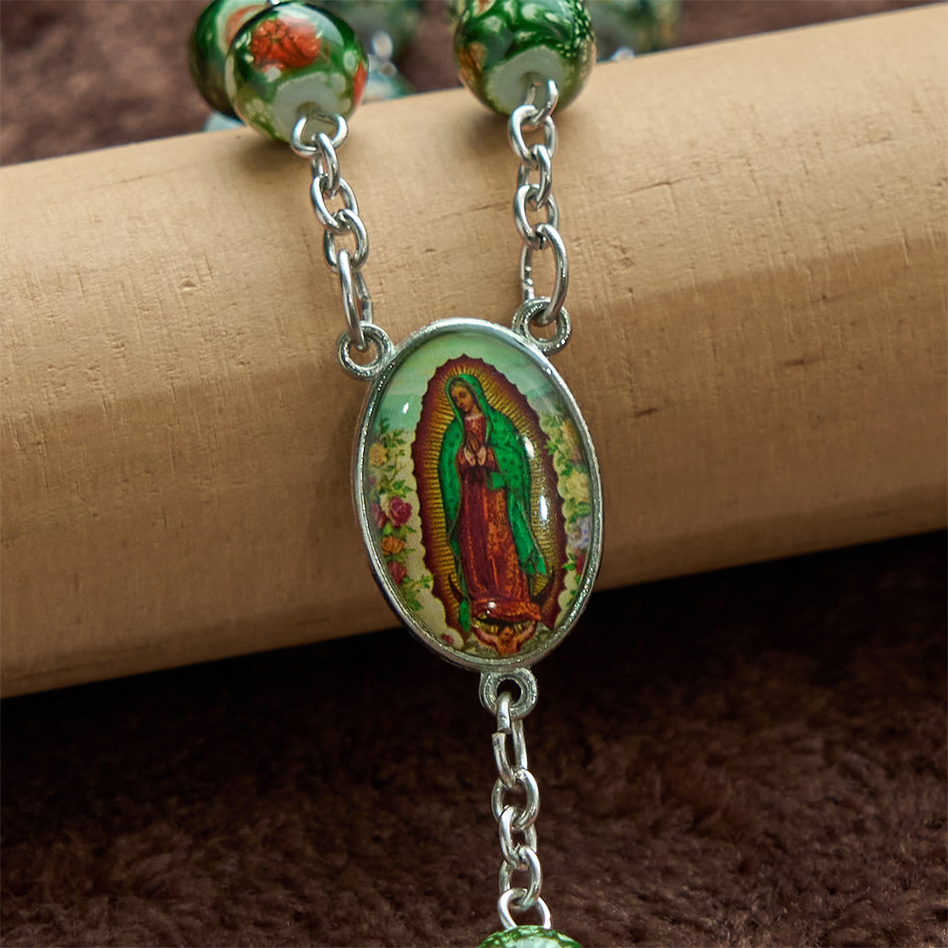 AMUSOUL Our Lady Medal & Crucifix of 8mm Green Glass Beads Rosary—Blessed Symbol of Faith