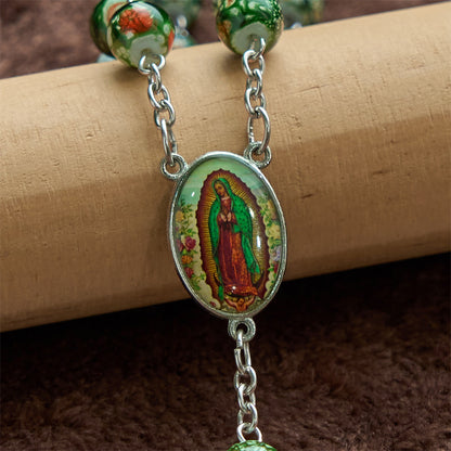 AMUSOUL Our Lady Medal & Crucifix of 8mm Green Glass Beads Rosary—Blessed Symbol of Faith