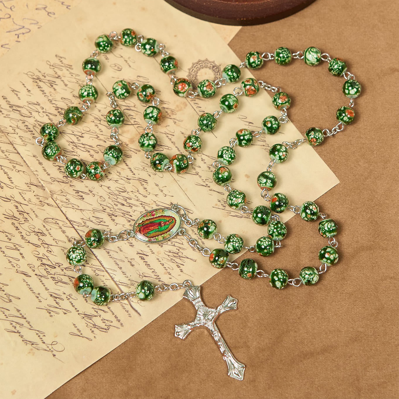 AMUSOUL Our Lady Medal & Crucifix of 8mm Green Glass Beads Rosary—Blessed Symbol of Faith