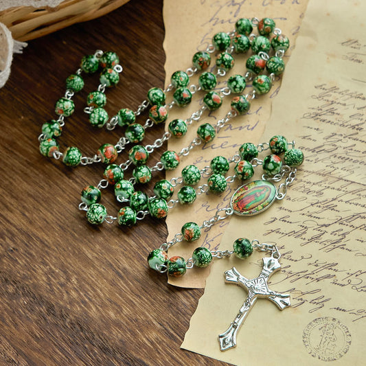 AMUSOUL Our Lady Medal & Crucifix of 8mm Green Glass Beads Rosary—Blessed Symbol of Faith
