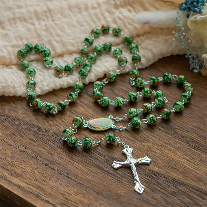 AMUSOUL Our Lady Medal & Crucifix of 8mm Green Glass Beads Rosary—Blessed Symbol of Faith