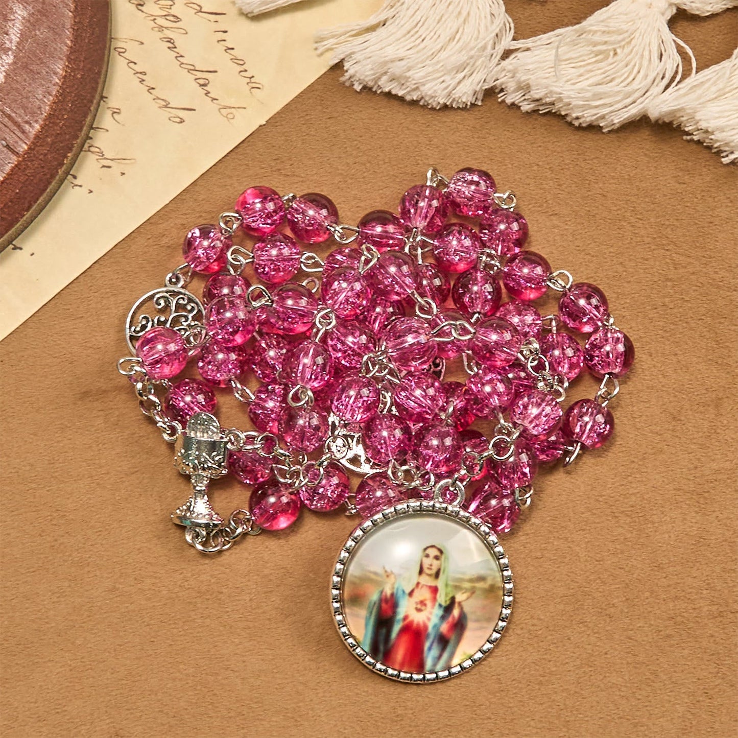 AMUSOUL Pink Glass Rosary Adorned with Our Lady of Guadalupe: A Love - Filled Blessing