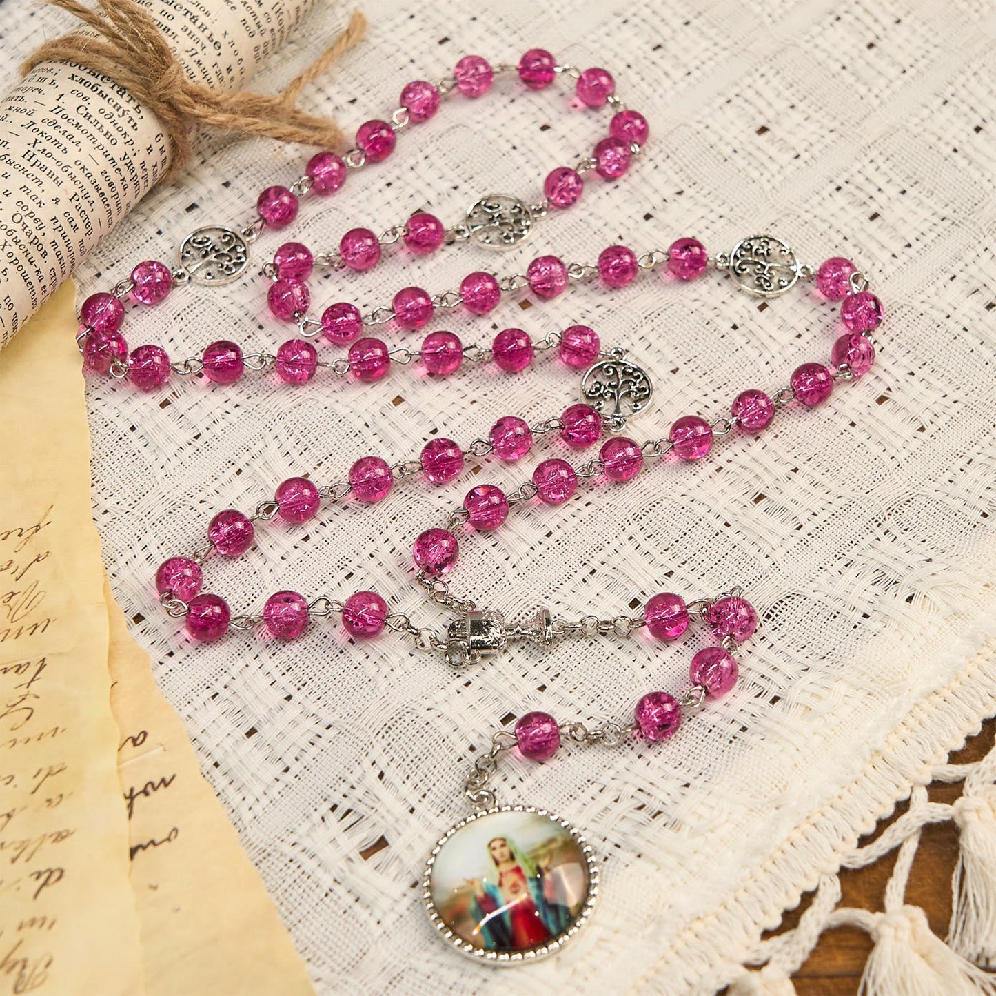 AMUSOUL Pink Glass Rosary Adorned with Our Lady of Guadalupe: A Love - Filled Blessing