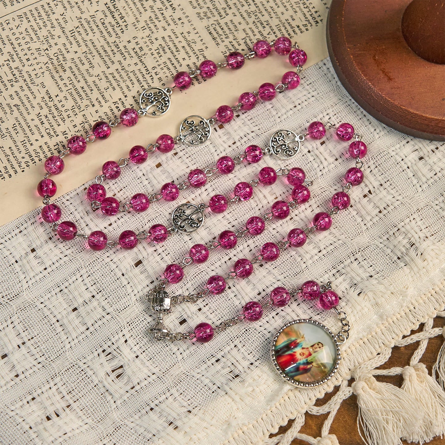 AMUSOUL Pink Glass Rosary Adorned with Our Lady of Guadalupe: A Love - Filled Blessing