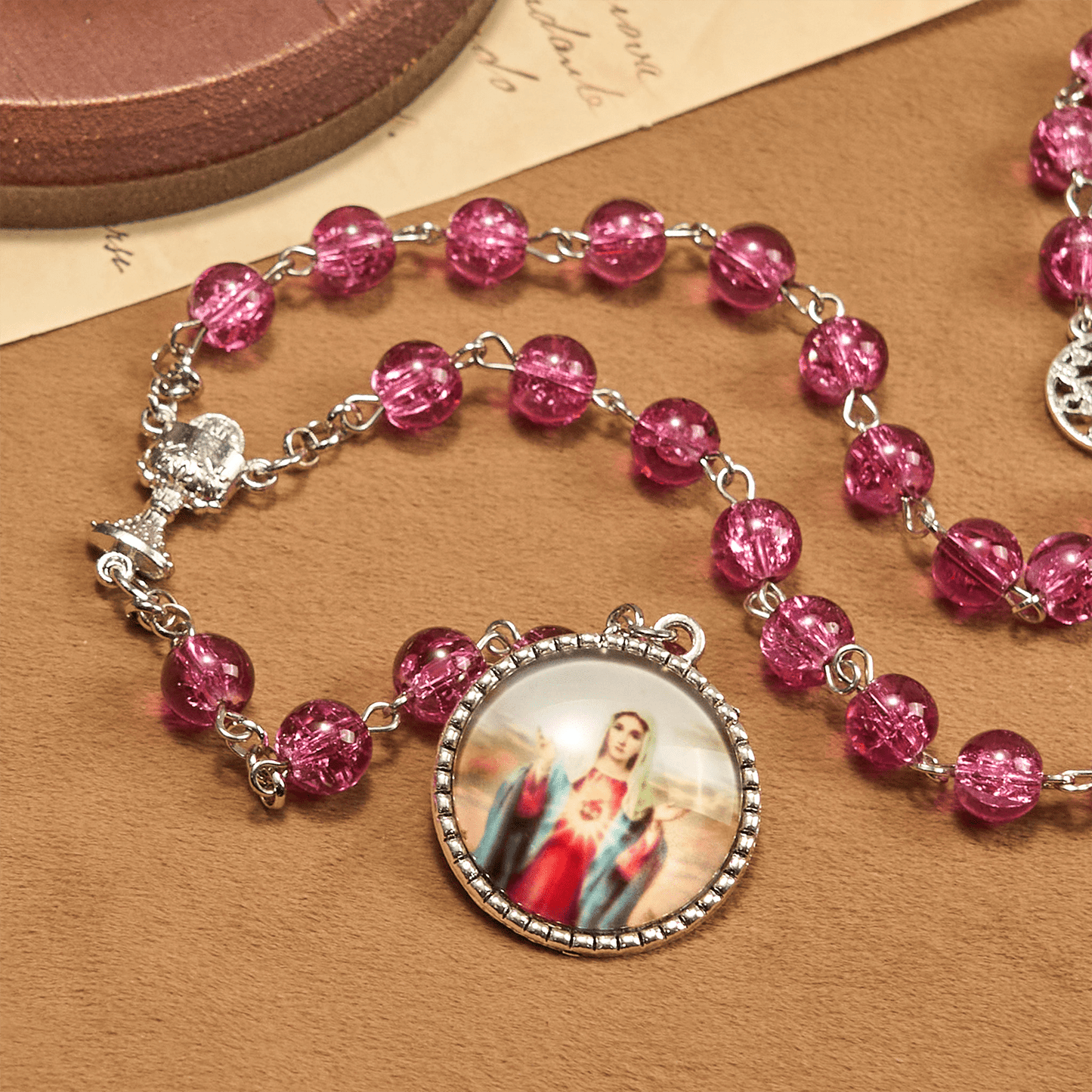 AMUSOUL Pink Glass Rosary Adorned with Our Lady of Guadalupe: A Love - Filled Blessing