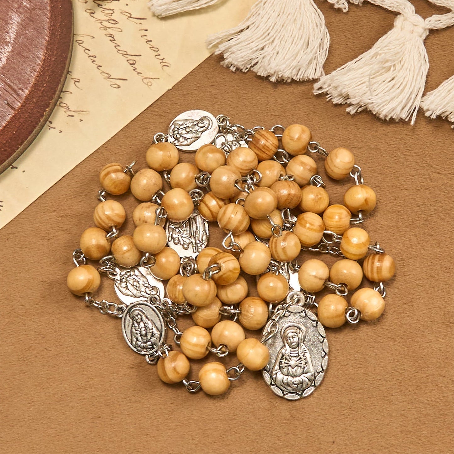 AMUSOUL Olive Wood Rosary Featuring Our Lady Medal: Divine Devotion in Every Bead