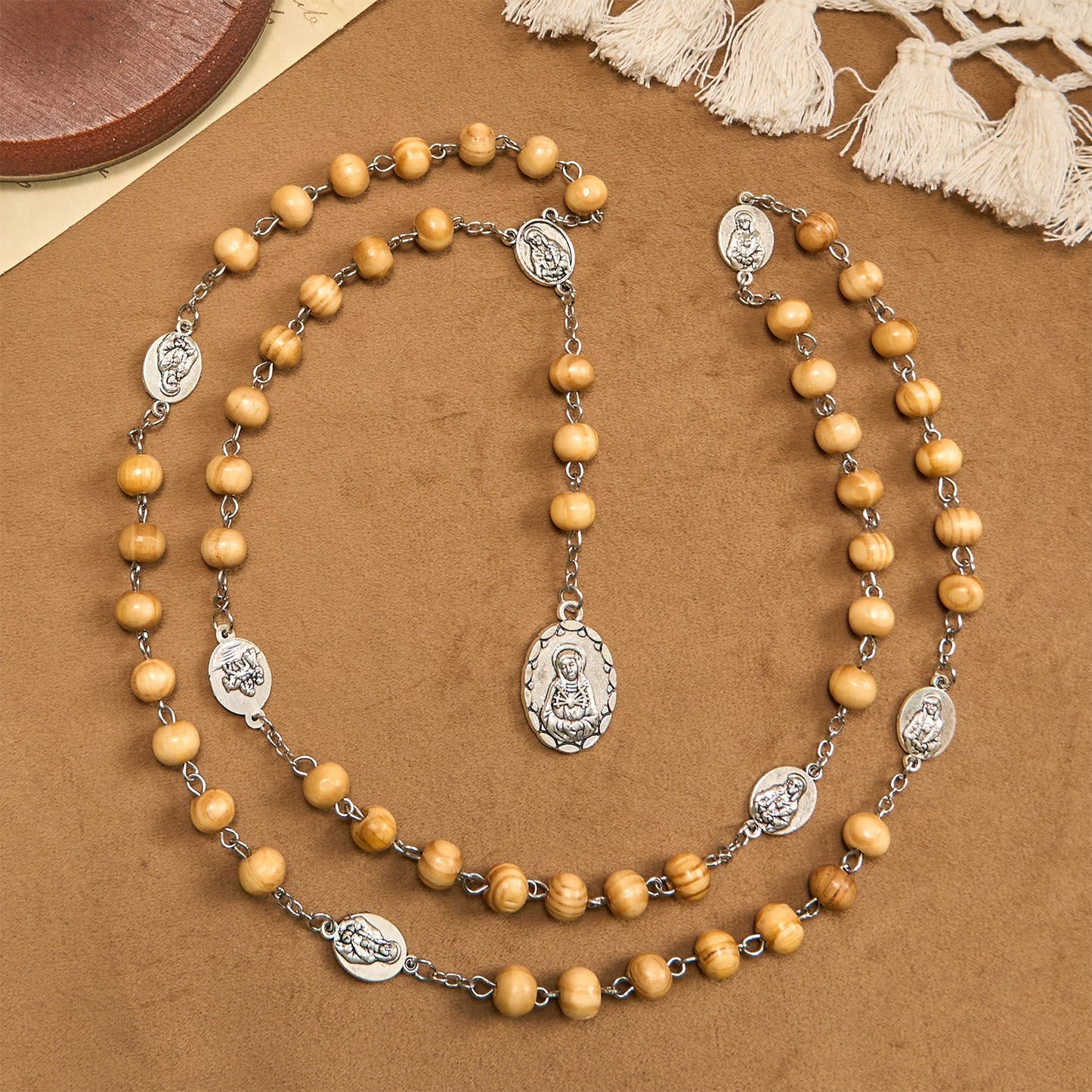 AMUSOUL Olive Wood Rosary Featuring Our Lady Medal: Divine Devotion in Every Bead